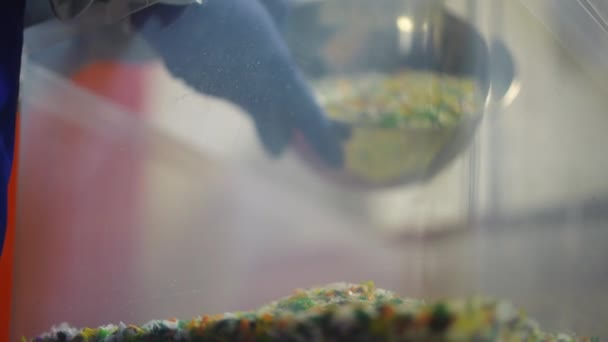 Полупрозрачная Коробка Разноцветным Измельченным Пластиковым Мусором Падающим Внутрь Замедленной Съемке — стоковое видео