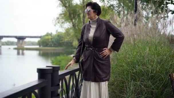 Dolly Photographié Élégante Femme Âgée Souriante Confiante Marchant Dans Parc — Video