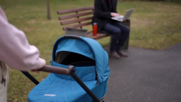 Câmera Vivo Segue Carrinho Bebê Com Mulher Irreconhecível Empurrando Criança — Vídeo de Stock