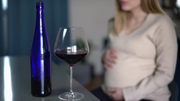 Vin Glas Och Flaska Och Suddig Oigenkännlig Gravid Kvinna Smeker — Stockvideo