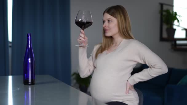 满脸笑容的粗心大意的孕妇坐在屋里 在玻璃杯里摇着红酒 身上带着酒精的味道 家里厨房里有饮料的年轻白人孕妇的画像 — 图库视频影像