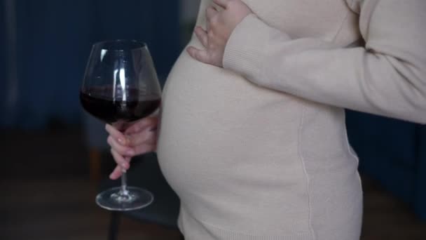 Πλευρά Άποψη Έγκυος Κοιλιά Της Αγνώριστη Γυναίκα Πίνοντας Κόκκινο Κρασί — Αρχείο Βίντεο