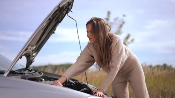 Портрет Красивої Проблемної Жінки Перевіряє Зламаний Автомобільний Двигун Капюшону Тривожна — стокове відео