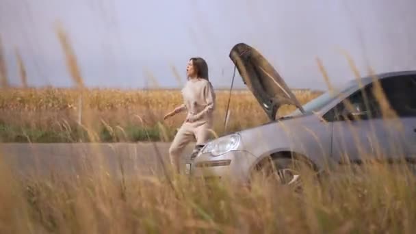 Zaniepokojona Kobieta Stojąca Przy Zepsutym Samochodzie Jesiennym Polu Szerokie Ujęcie — Wideo stockowe