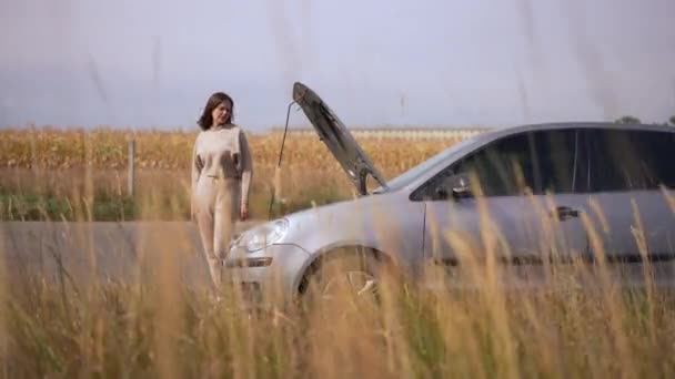 Злий Стресовий Жінка Вдарив Відкритий Автомобільний Капюшон Жестикулюючи Від Їжджає — стокове відео