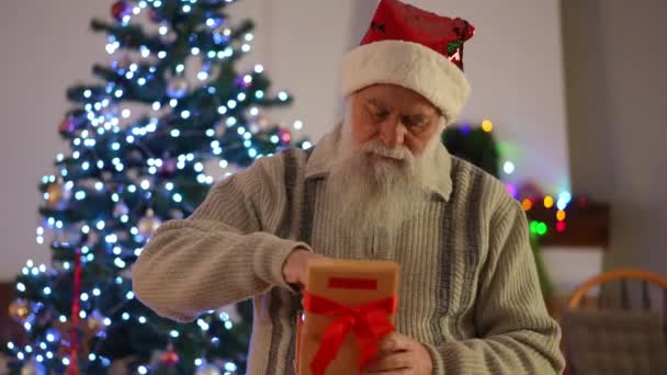 Sakallı Noel Şapkası Takan Yaşlı Bir Adam Bir Noel Ağacının — Stok video