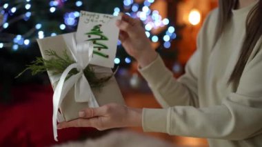 Bir kadının elindeki hediyeyi, bir Noel ağacının arka planına karşı yakın plan, el yapımı yeni yıl kartı uyumlu bir şekilde uyuyor.