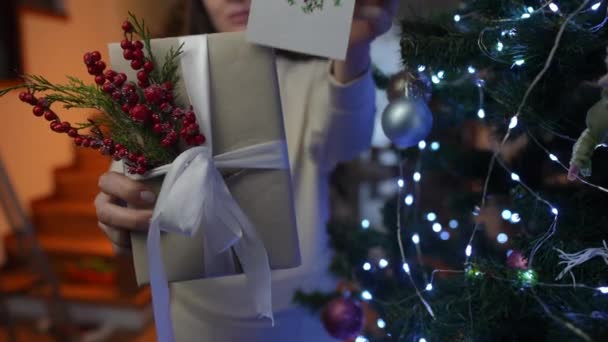 クリスマスツリーの近くに立っている女性は 彼女が自分の手で作ったクリスマスプレゼントの最終版がどのように見えるかを示しています — ストック動画