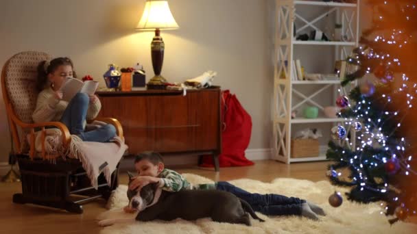 Les Enfants Près Sapin Noël Passent Leurs Loisirs Maison Pendant — Video
