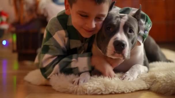 Ένα Αγόρι Ξαπλωμένο Στο Χαλί Παίζει Αγαπημένο Του Σκυλί Ένα — Αρχείο Βίντεο