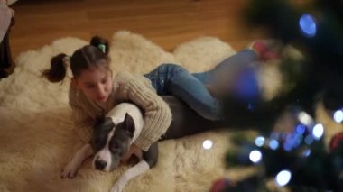 Sevgili köpeğini kucaklayan bir kız Noel ağacının yanındaki halıda yatıyor.