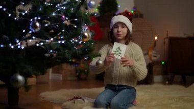 Bir Noel şapkasının içinde çömelmiş, kız kameraya kendi elleriyle yaptığı yeni yıl tebrik kartını gösteriyor.