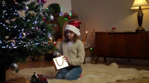 Приседая Возле Елки Рождественской Шляпе Девушка Кладет Красиво Завернутый Подарок — стоковое видео
