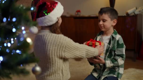 Діти Біля Ялинки Дівчинка Дарує Хлопчику Красиво Загорнутий Подарунок Хлопчик — стокове відео