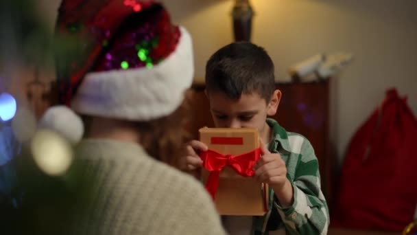 一个女孩站在圣诞树旁送给一个男孩一份礼物 这个男孩对他所看到的很满意 快乐的男孩拥抱女孩 — 图库视频影像