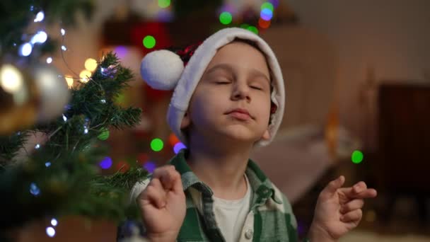 Chłopiec Świątecznym Kapeluszu Stoi Obok Choinki Trzymając Kciuki Życzy Świętego — Wideo stockowe