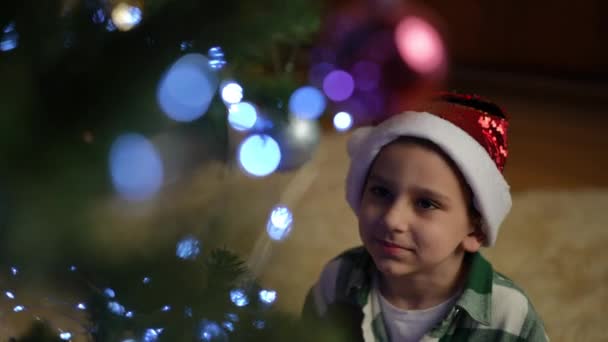 Хлопчик Різдвяній Шапці Стоїть Біля Ялинки Грає Срібним Різдвяним Ячем — стокове відео