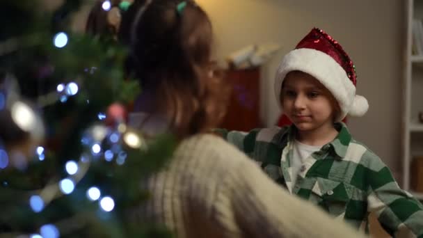 姉はクリスマスツリーの近くに立っている間 クリスマスの帽子をかぶっている兄弟を抱きしめます 少女を抱きしめて 男の子はカメラを見つめ 笑っている — ストック動画