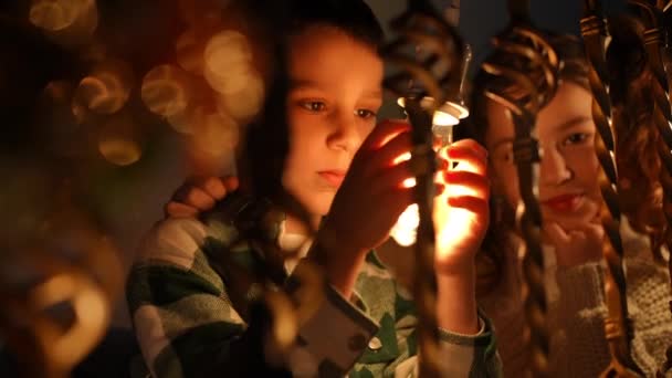 자매는 계단에 앉아있다 소년은 크리스마스 계단에 크리스마스 화환에서 빛나는 전구를 — 비디오