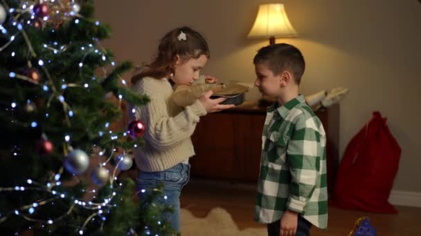 女孩把新鲜的烘焙食品放在烤盘上 和男孩一起享受着姜饼的芬芳 站在圣诞树旁 那男孩手里拿着姜饼 — 图库视频影像