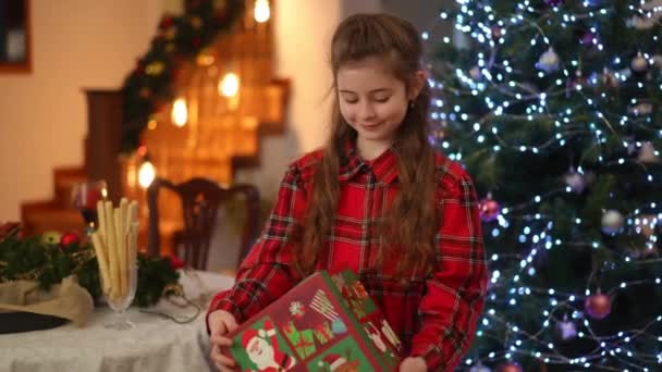 Κοιτάζοντας Ένα Μεγάλο Κουτί Ένα Χριστουγεννιάτικο Δώρο Στα Χέρια Της — Αρχείο Βίντεο