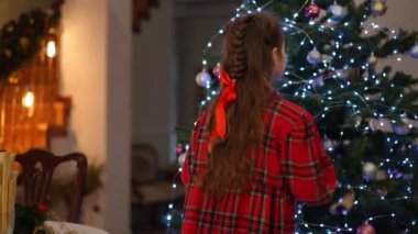 Kameraya arkası dönük duran bir kız Noel ağacında asılı duran Noel toplarıyla oynuyor.