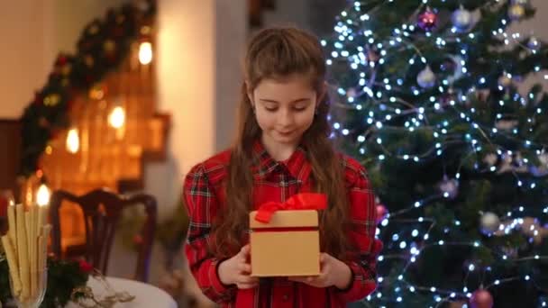 Met Kerstmis Bij Kerstboom Een Meisje Houdt Een Mooie Geschenkdoos — Stockvideo