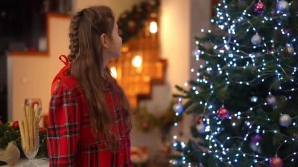 Zeitlupe Ein Schönes Mädchen Einem Weihnachtlich Geschmückten Haus Dreht Sich — Stockvideo