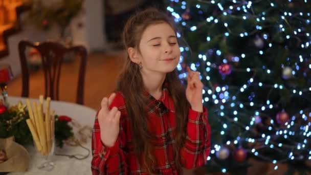 Langzame Beweging Woonkamer Buurt Van Kerstboom Een Meisje Sluiten Haar — Stockvideo