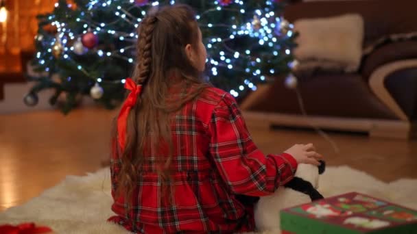 Seorang Gadis Dan Mainan Lembut Dekat Pohon Natal Rumah Untuk — Stok Video