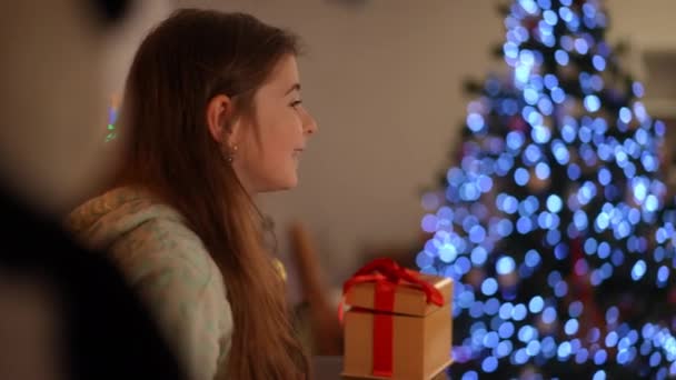 Χαρά Ενός Παιδιού Χριστούγεννα Ένα Κορίτσι Προφίλ Μια Χαρούμενη Έκφραση — Αρχείο Βίντεο