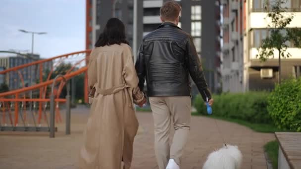 Widok Tyłu Zakochana Para Mężczyzna Kobieta Spacerują Psem Spitz Dziedzińcu — Wideo stockowe