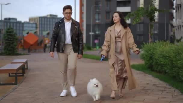 Early Morning Beautiful Stylish Couple Walking Dog Spitz Woman Walks — Stock Video