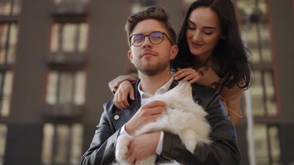 Man Who Sitting Dog His Hand Hugged Kissed Beautiful Smiling — Stockvideo