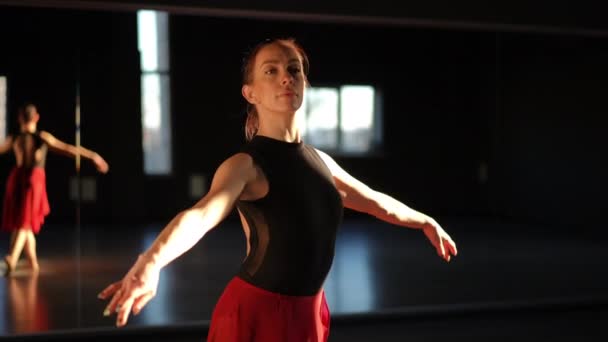 발레리나는 그녀의 우아한 움직임을 만들고 쪼그려서 그녀의 고전적인 기술을 — 비디오
