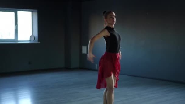 Camera Captures Mirror Image Beautiful Ballerina Who Training Choreography Room — Stock Video