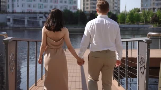 慢动作 后视镜一对夫妇手牵手沿着一条小径走向城堤上的一座有栅栏的码头 — 图库视频影像