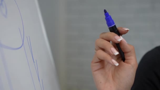 Bir Kadın Elinin Beyaz Bir Sunum Panosundaki Çizimin Yanında Mavi — Stok video