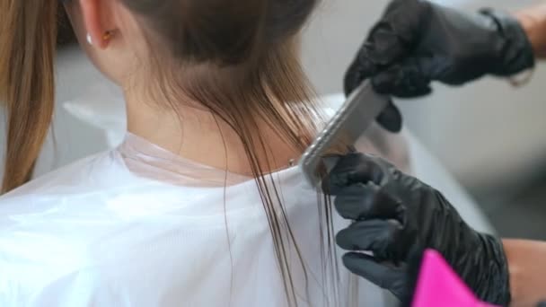 Zbliżenie Tył Głowy Dziewczyny Kosmykiem Włosów Który Fryzjer Czarnych Gumowych — Wideo stockowe
