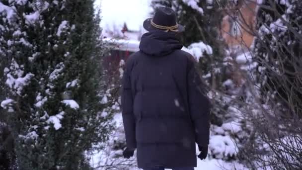 Вид Сзади Мужчина Ходит Среди Заснеженных Деревьев Зимнем Парке Рядом — стоковое видео