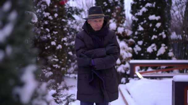 Elderly Man Brimmed Hat Winter Coat Background Snow Covered Trees — Stock Video
