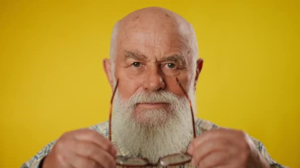 Portret Van Een Oudere Man Met Een Grijze Baard Een — Stockvideo