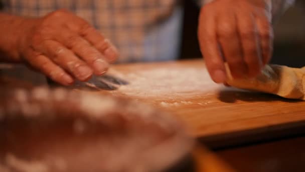 Close Man Sprinkles Flour Wooden Board Lying Table His Hands — Stock Video