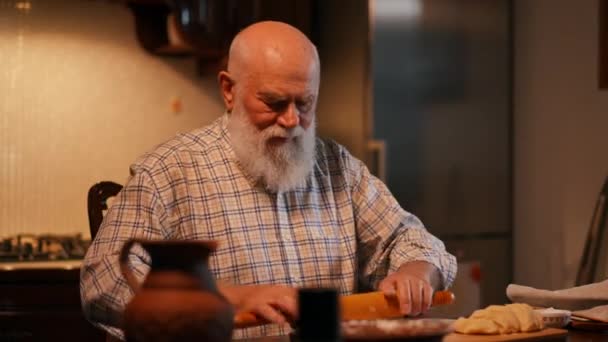Process Preparing Dumplings Home Kitchen Elderly Bearded Man Shirt Rolls — Stock Video