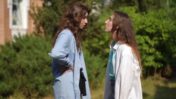 夏天阳光明媚的一天 两个穿衬衫的女孩站在屋前辩论 — 图库视频影像