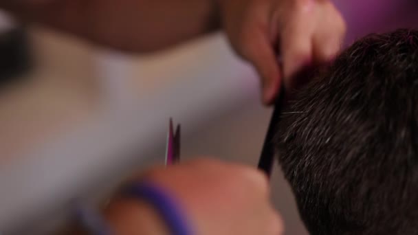 Gros Plan Coupe Cheveux Avec Des Ciseaux Coiffure Sous Peigne — Video