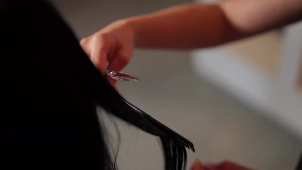 Zbliżenie Zwolnij Trochę Kobieta Fryzjer Bierze Kosmyk Długich Kobiecych Włosów — Wideo stockowe