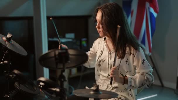 Slow Motion Girl Drummer Plays Drumsticks Electronic Drum Set Musician — Stock Video