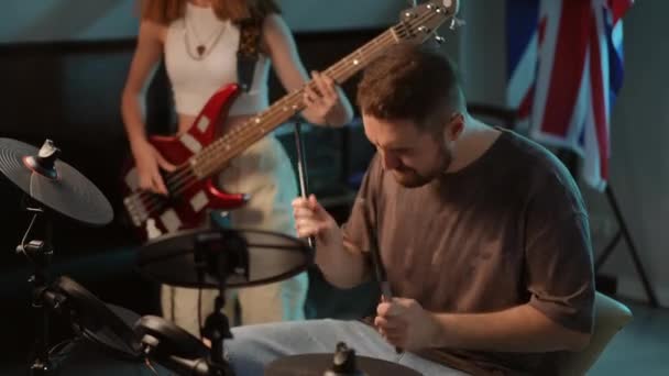 Slow Motion Close Rhythm Section Rehearsal Music School Man Sits — Stock Video