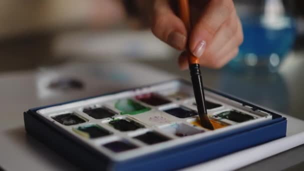 Primo Piano Set Vernici Acquerello Una Mano Donne Dipinge Pennello — Video Stock